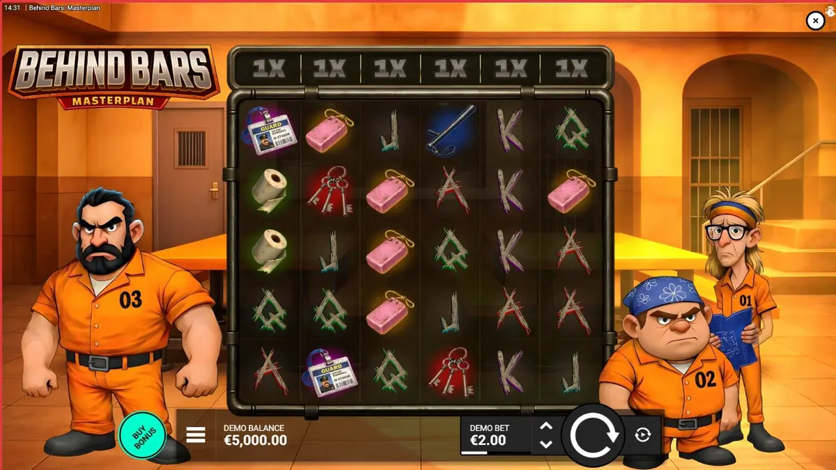 Tampilan visual slot Behind Bars Masterplan dengan tema penjara kartun
