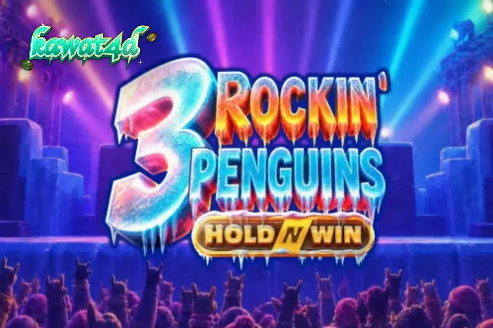 Tampilan visual slot 3 Rockin’ Penguins dengan tema konser punk-rock penguin di atas panggung es.